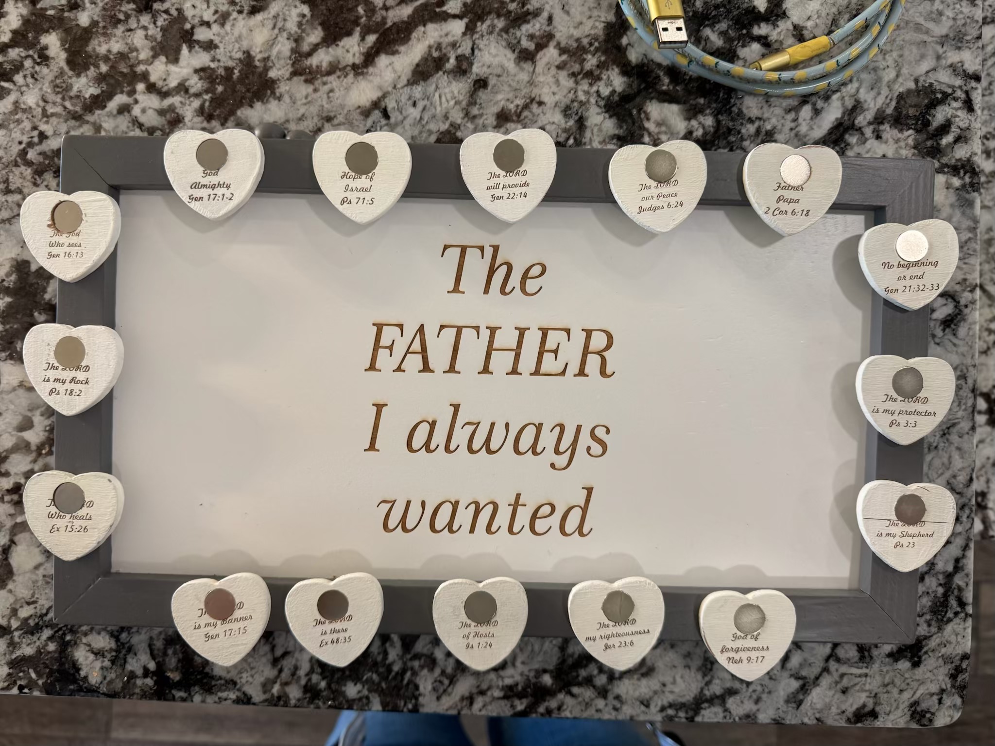 Back of the heart tokens showing the magnets, His Names, and Scripture references
