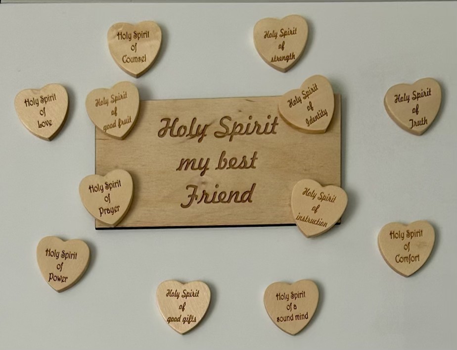 4x7" wooden magnet reading "Holy Spirit my best Friend" with 12 heart-shaped magnetic tokens