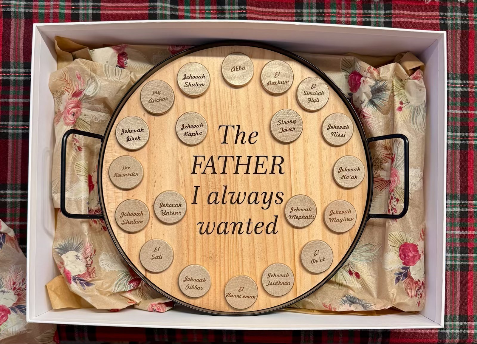 Round wooden serving tray board reading "The Father I always wanted" with round name tokens